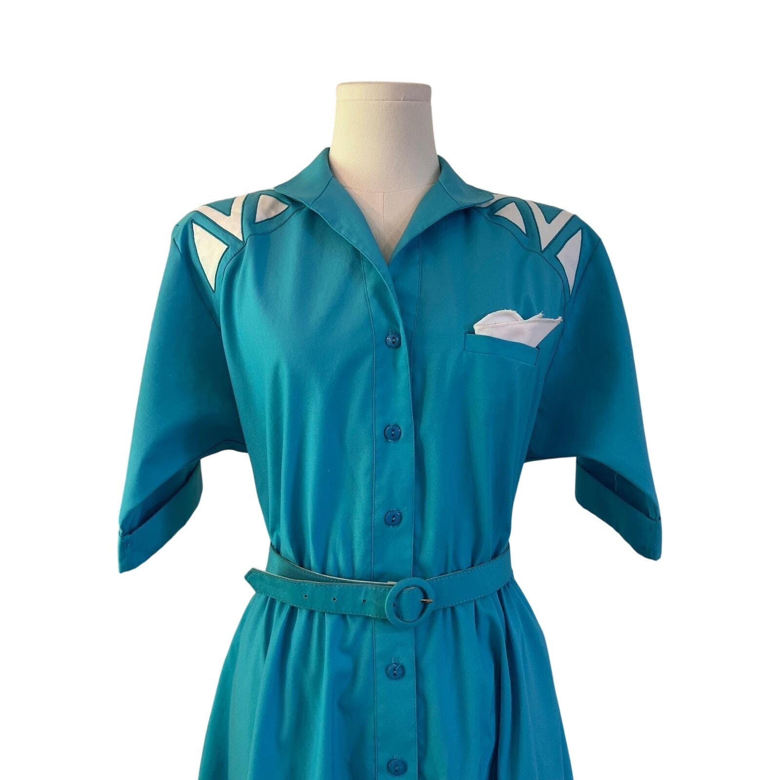 Vintage Teal Shirt Dress Belted Western Midi USA 80s Button Front Size 6