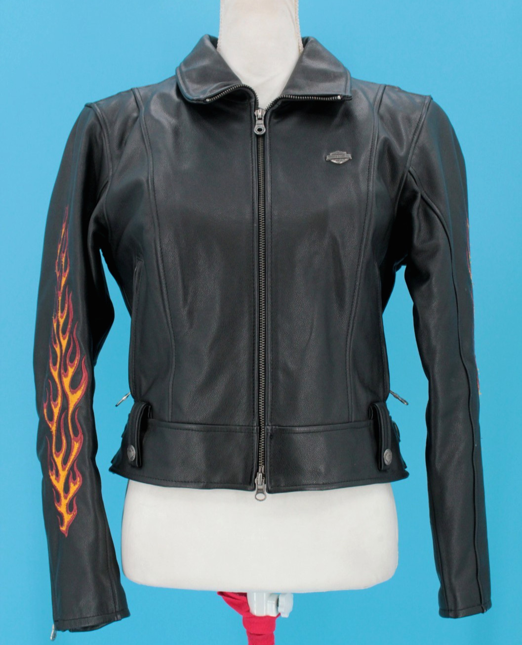 VTG Womens Harley Davidson Black Leather Ride Free Flames Biker Jacket XS Riding