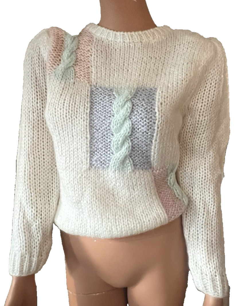 Vintage 80s Pastel Colorblock and Cable Knit Handknitted Sweater w/ Puffy Sleeve