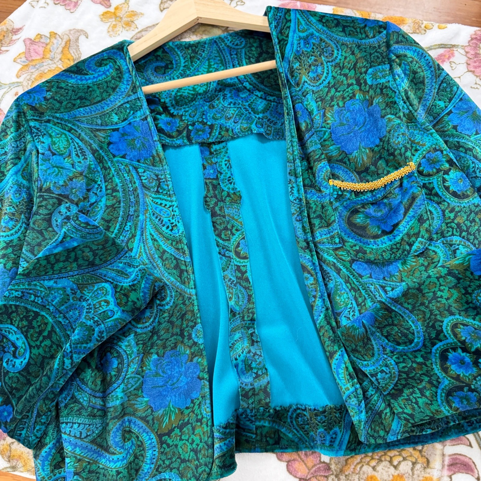 Vtg Jacket Artsy Paisley Velvet Handmade Cropped Peacock Boho 70s 80s Teal Blue