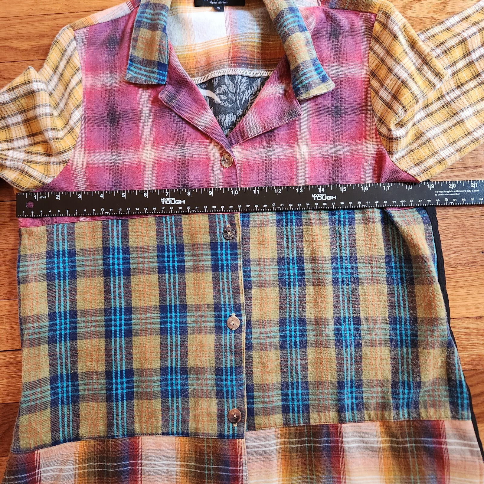 Vtg Citron Santa Monica Tunic Small Flannel & Silk Button Patchwork Boho USA