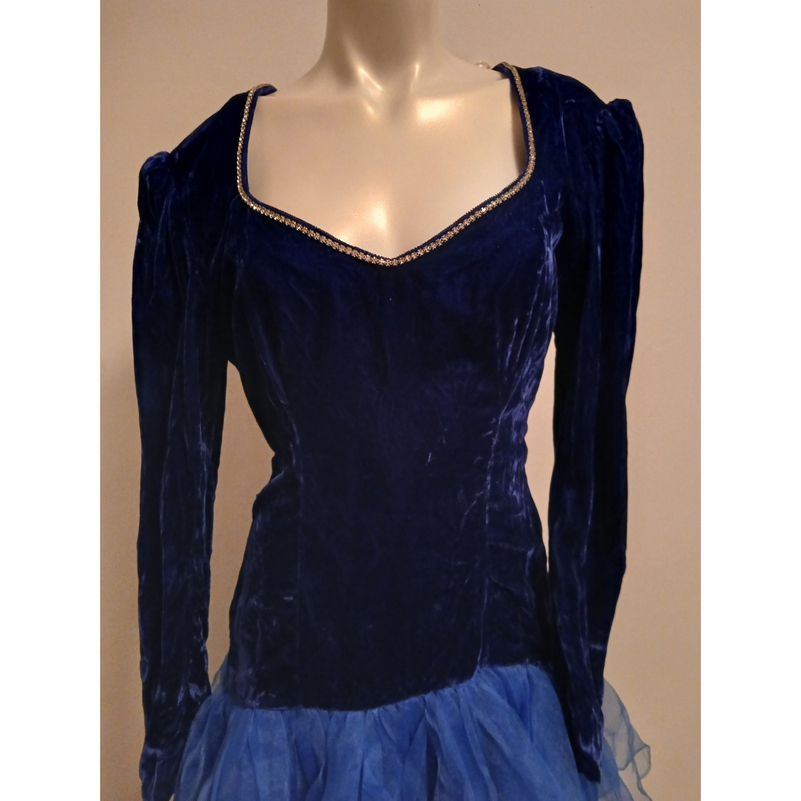 Vintage 1980s Blue Velvet Bodice Party Dance Dress Tiered Tulle Skirt Rhinestone