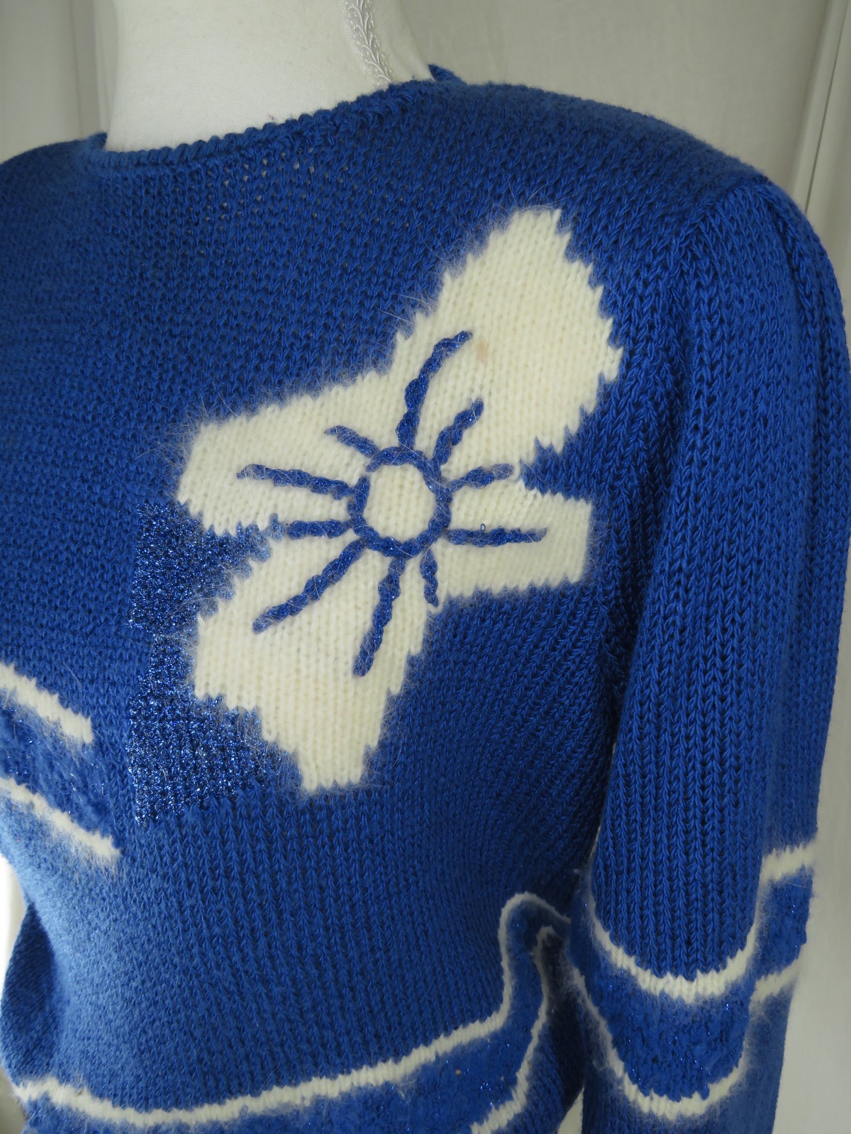 Authentic Vintage Clarissa Bellini Angora‑Blend Blue Knit Sweater w/White Floral