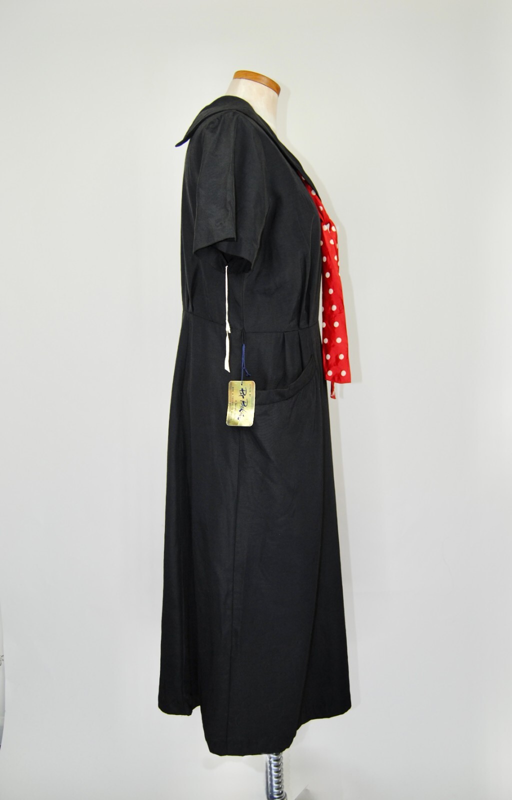 1950s Vintage Pat Perkins New Old Stock Black Dress with Red Polkadot Scarf – XL