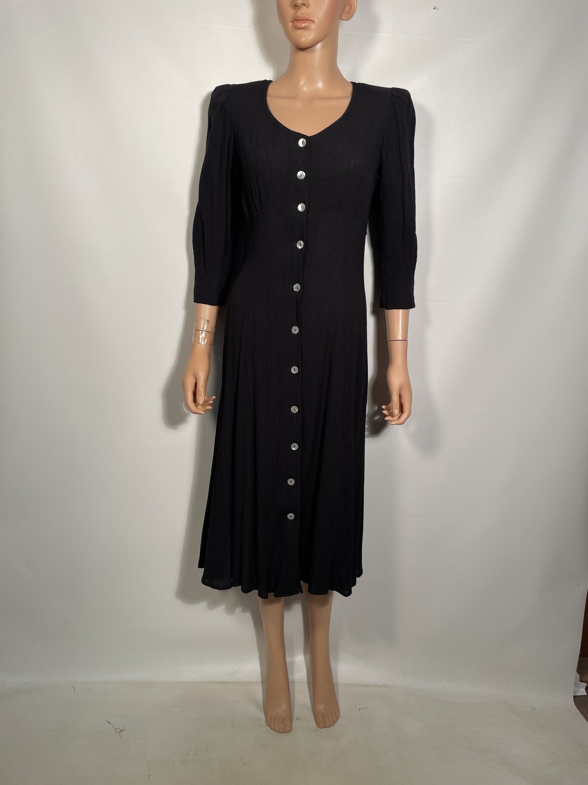 Vintage 1990s Button Front Black Midi Dress Made In USA Size M