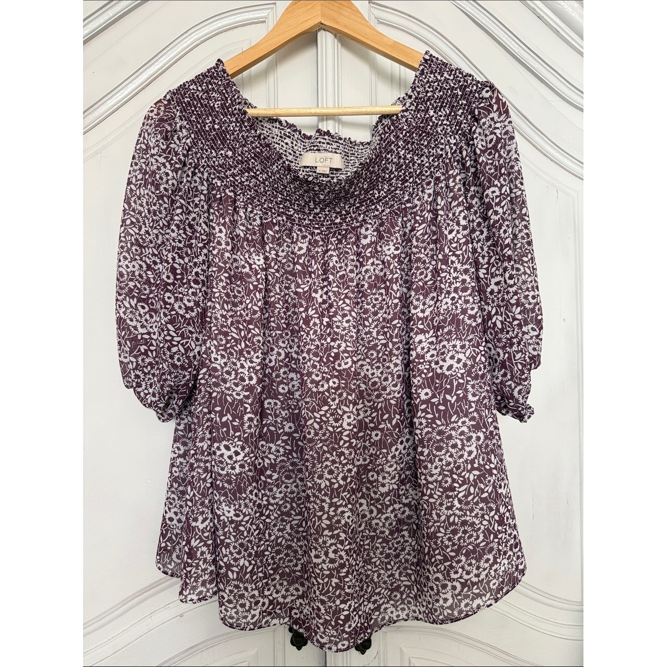 LOFT Smocked Floral Blouse – 3/4 Sleeve Boho Top | Cottagecore Women’s Size M