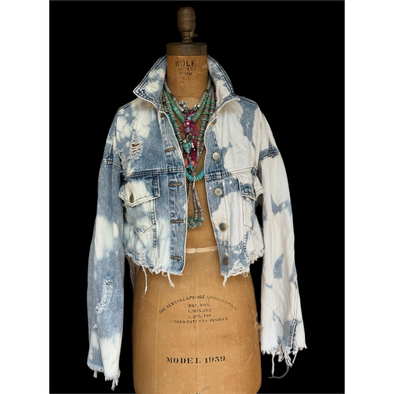 OOAK Distressed Bleached Denim Sacred Heart Lotus Cropped Jacket M