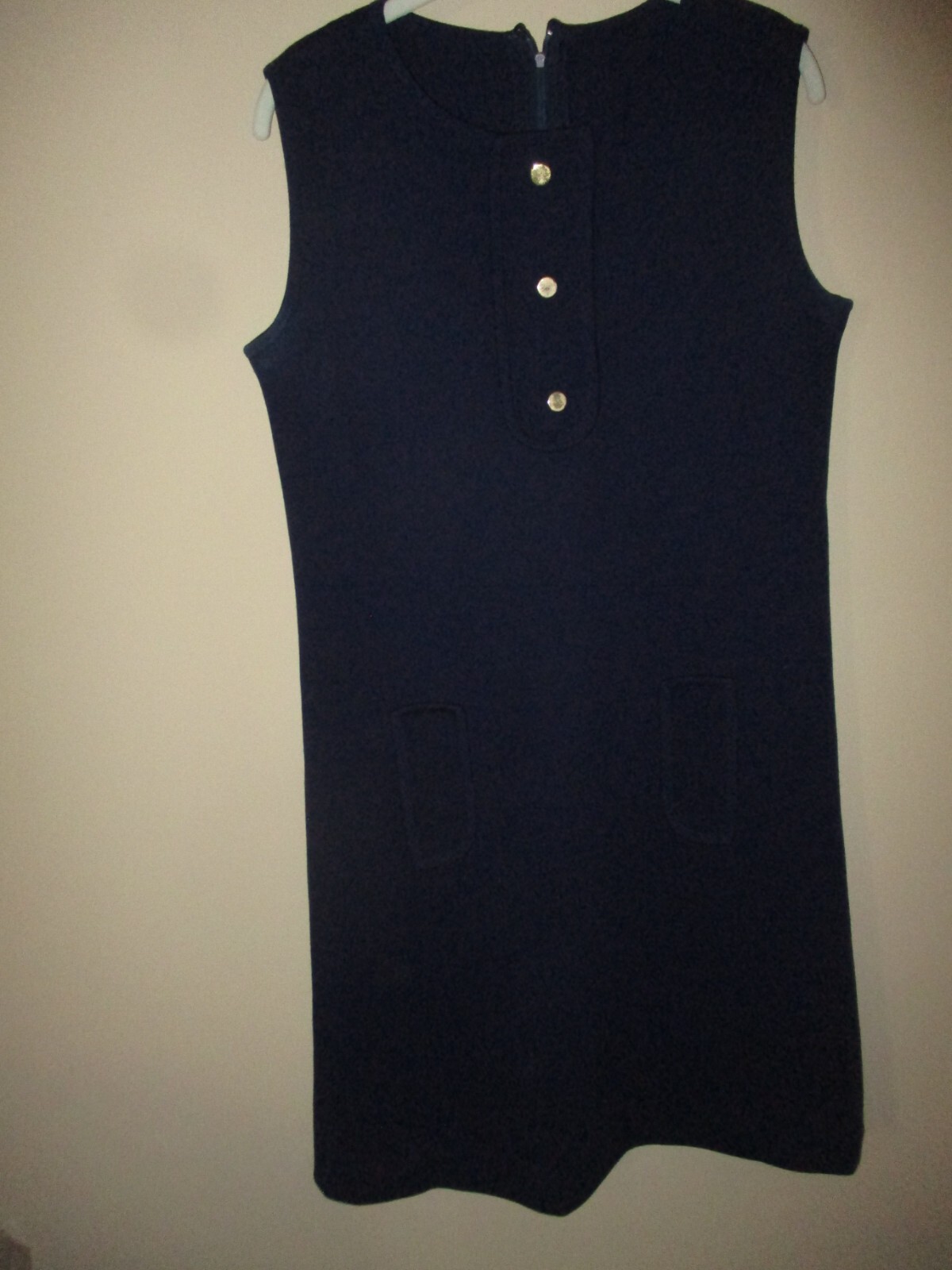 Vtg 60s 70s Navy Blue Gold Buttons Sleeveless Polyester Knit Shift Dress Size M