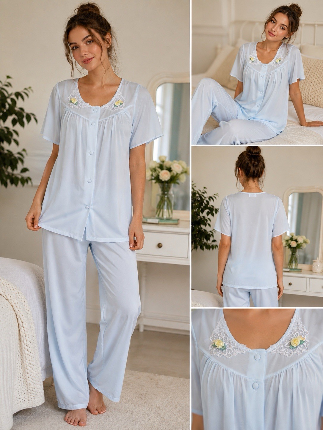 Vintage Vanity Fair Pajama Set Women S Blue Nylon Lace Rose NWT Made USA