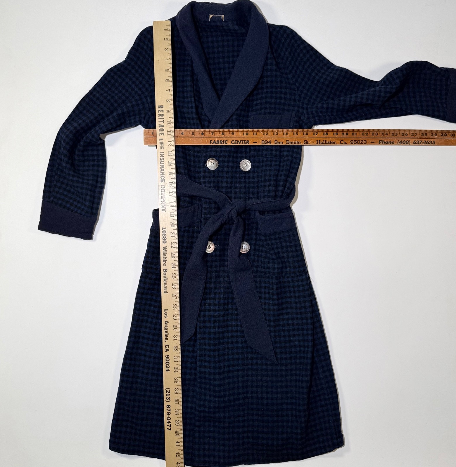 Double-Breasted Navy Blue And Black Gingham Check Wool Robe