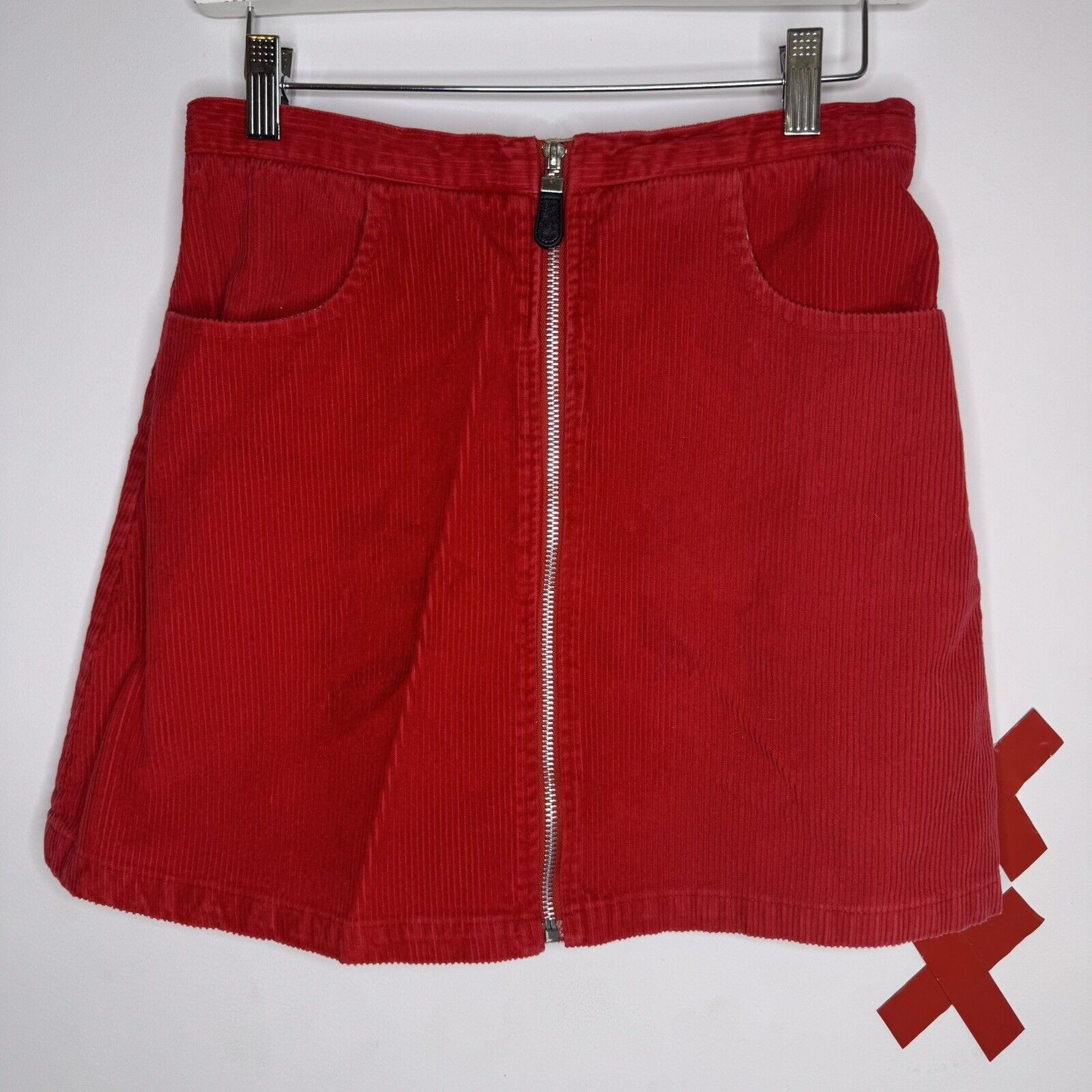Vtg KALIFORNIA Cherry Red Corduroy Mini Skirt Full Zip Front A Line Punk 80s s