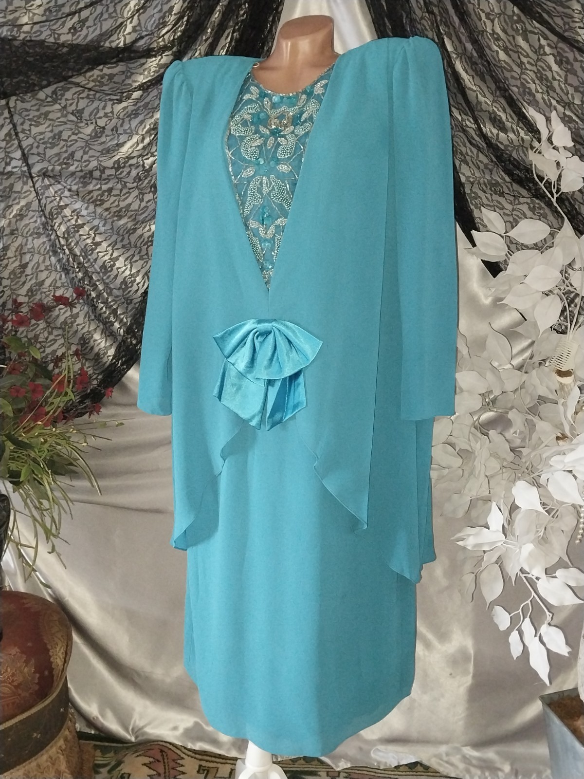 VTG SILKY EMBELLISHED Ursula Switzerland BEADED SEQUINS DROP WAIST DRESS 48 BLUE