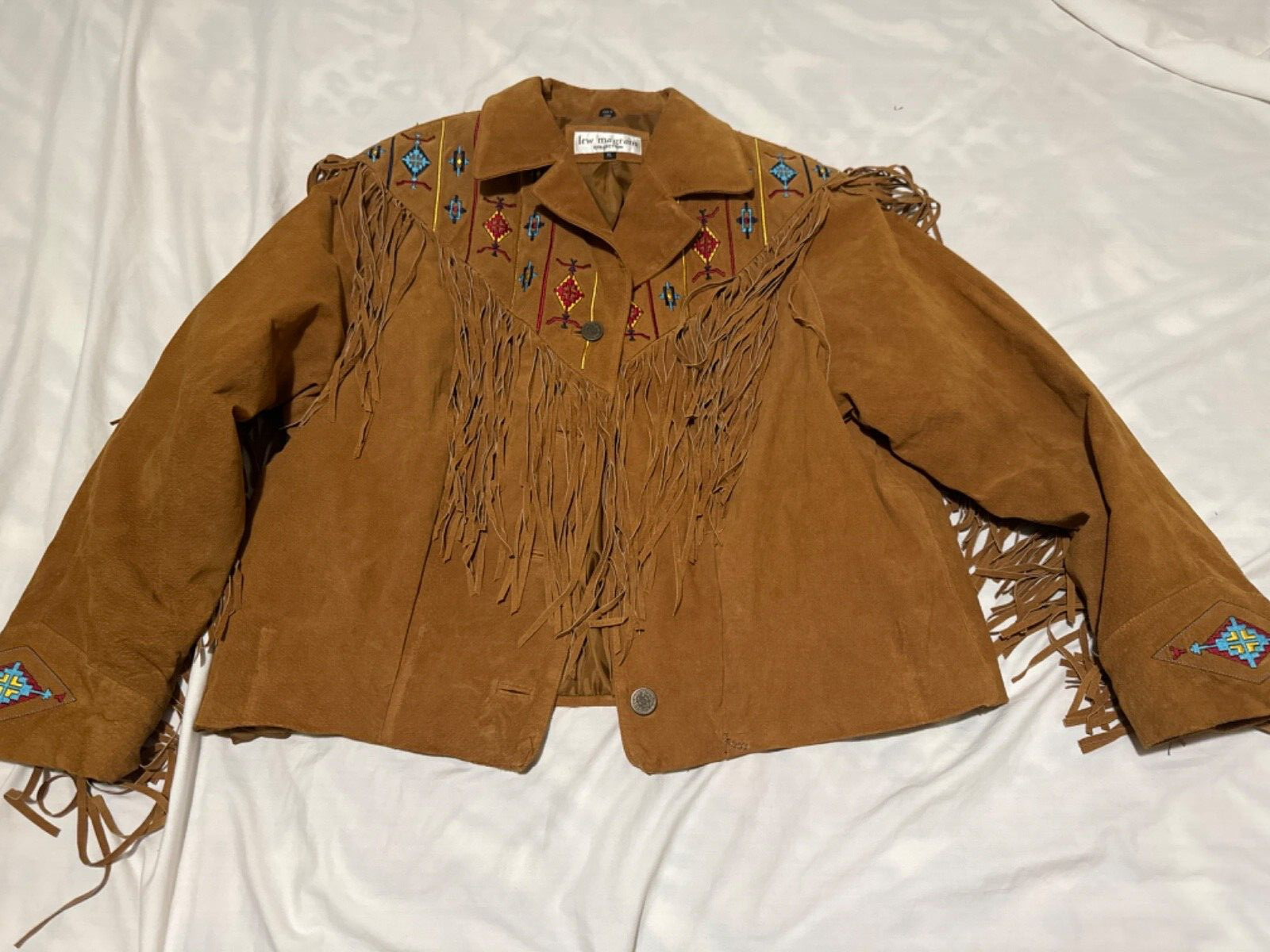Lew Magram Brown WESTERN Fringe Suede Leather Jacket Unisex XL Native Used