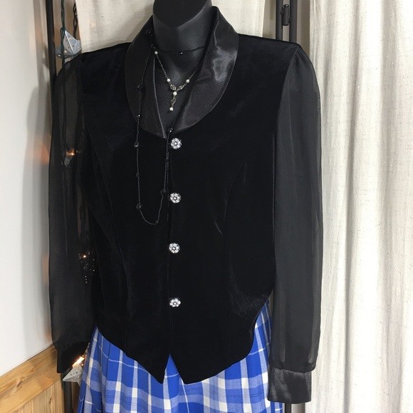 Another Thyme Women’s Black Vintage Velvet, Sheer and Satiny Blouse Sz Small