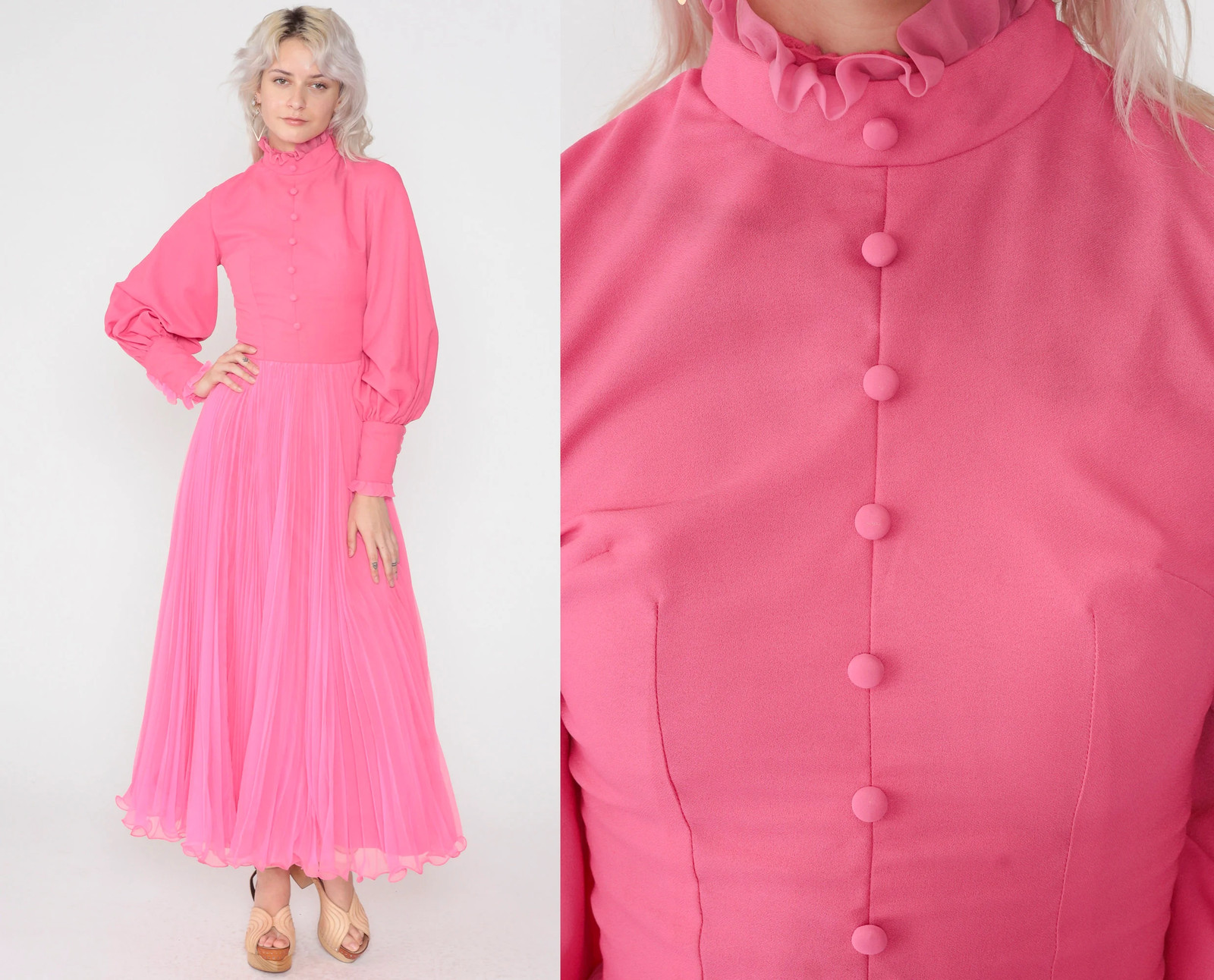 Hot Pink Dress 70s Maxi Dress Long Balloon Sleeve High Neck Ruffled Pleated Chif