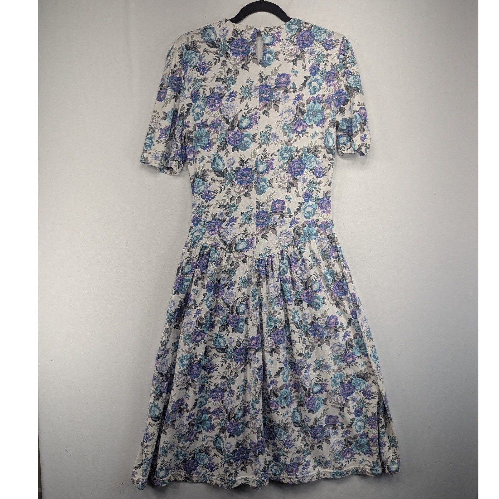 Vintage S. Roberts Floral Midi Dress Blue Purple V-Waist Cottagecore Size 10