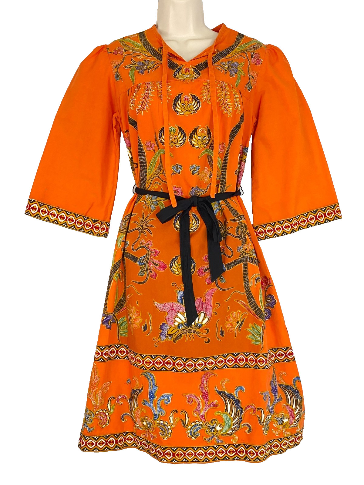 Vintage 1970s orange dress S cotton 1/2 sleeve A line tunic batik boho knee midi