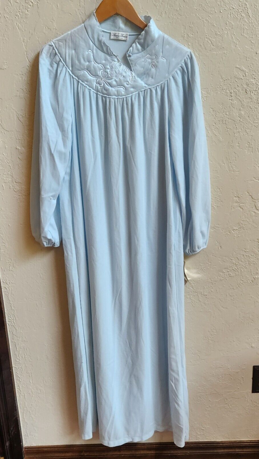 Vtg Famous Bodies Long Nightgown L Soft Blue Nylon Embroidery Sears Roebuck USA