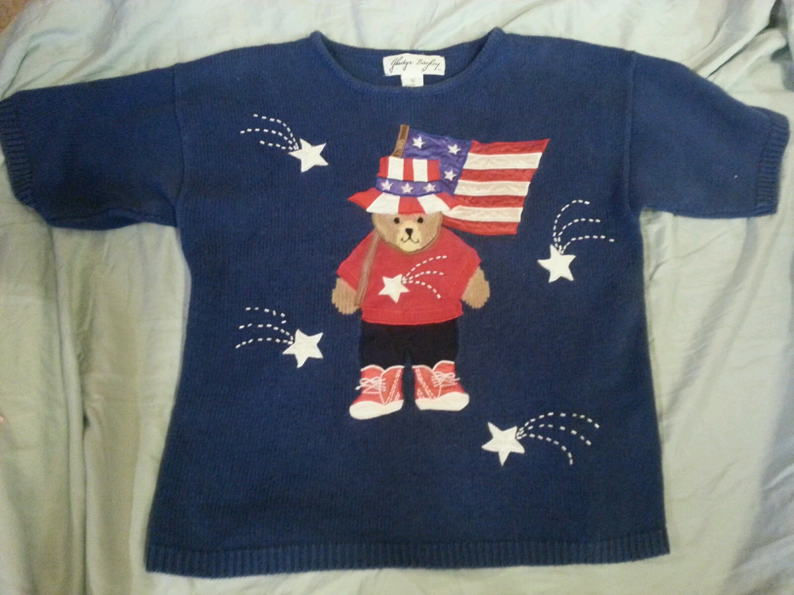 VTG American FLAG Teddy Bear sequin Sweater TOP Patriotic Medium M