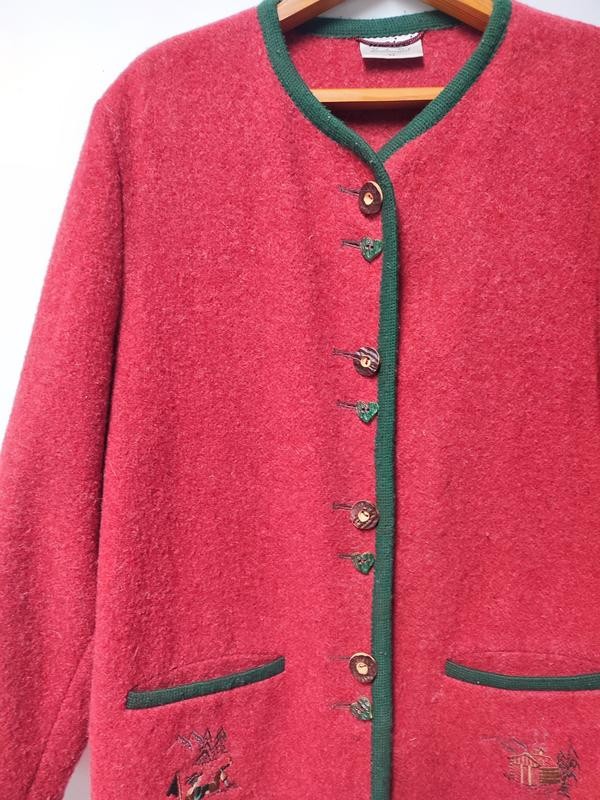 Vintage Austrian Wool Cardigan Jacket / Tyrolean Style / Red Alpine Knit / Size