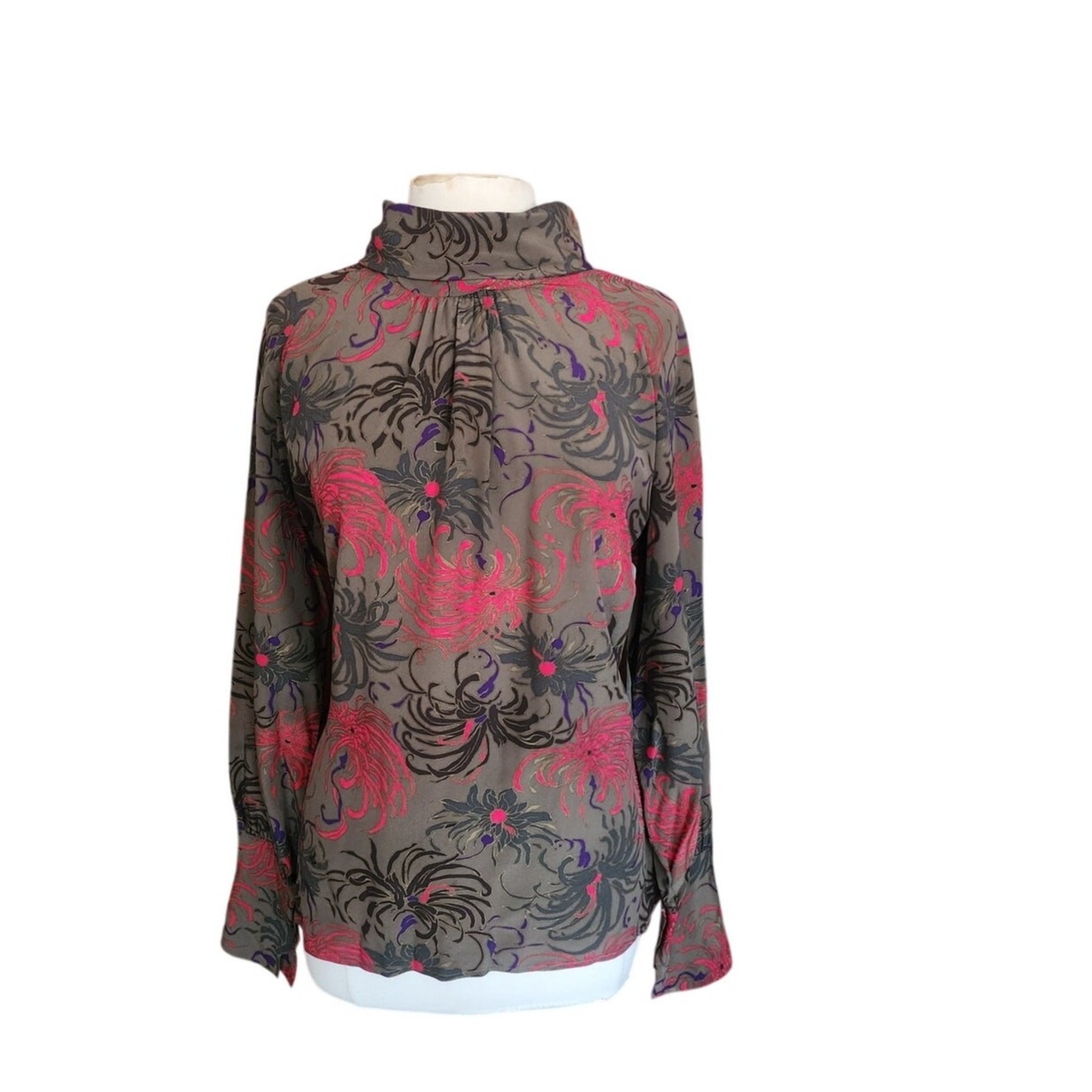 Vintage 80s CHLOE LAGERFELD Blouse Dark Floral Silk Blouse Long Sleeve Large