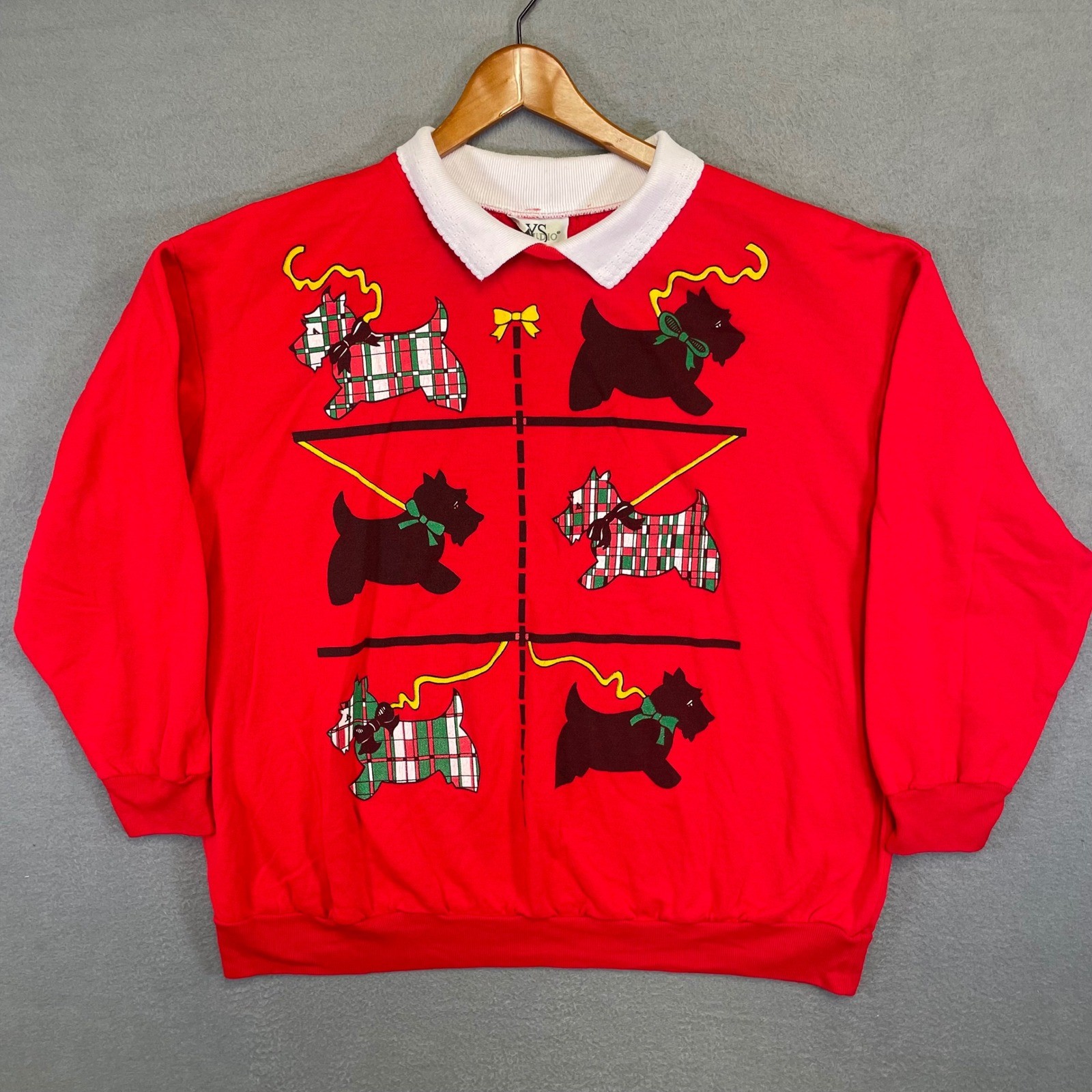 Vintage Scottie Dog Christmas Sweatshirt Red Collared USA Unisex XL Holiday