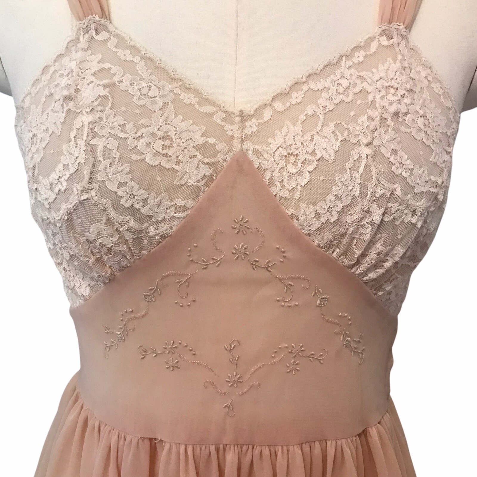 VTG Chiffon Babydoll Peignoir Set Sheer Lace Ruffle Romantic Victorian Women’s S