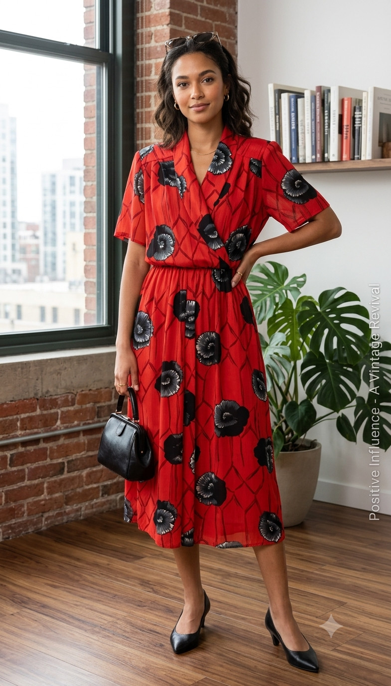 VTG 80s Positive Influence Red Floral Dress 11 /12 Mock Wrap Blouson Midi