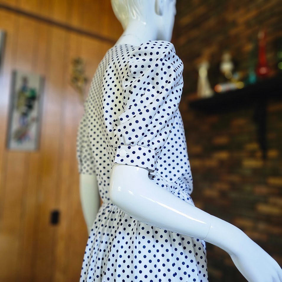 Vtg 80s Polka Dot Preppy Secretary Shirtwaist Blouson Modest Office Dress M/L