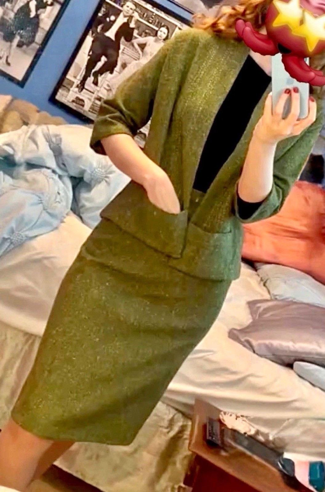 Vtg 1960s Juniors Olive Green Flecked Wool Tweed Skirt Set Suit Swing Jacket XS