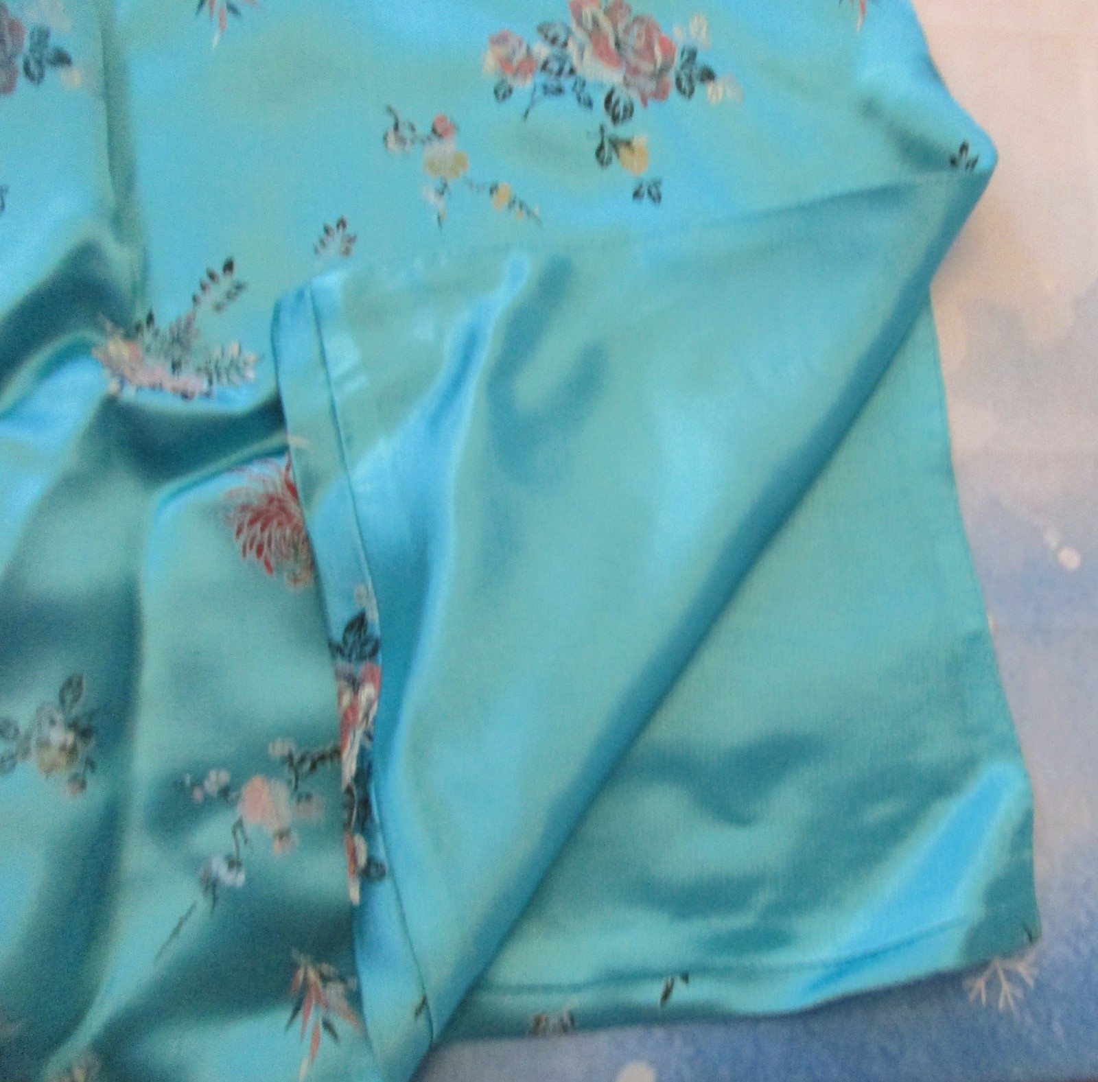 Vintage Turquoise Satin Brocade Asian Floral Robe – Size 42 – 1940s/60’s
