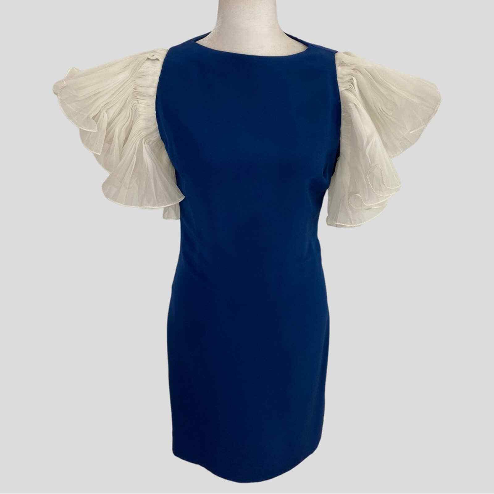 Vintage Jill Richards Blue + White Dramatic Pleated Ruffle Dress XS/S
