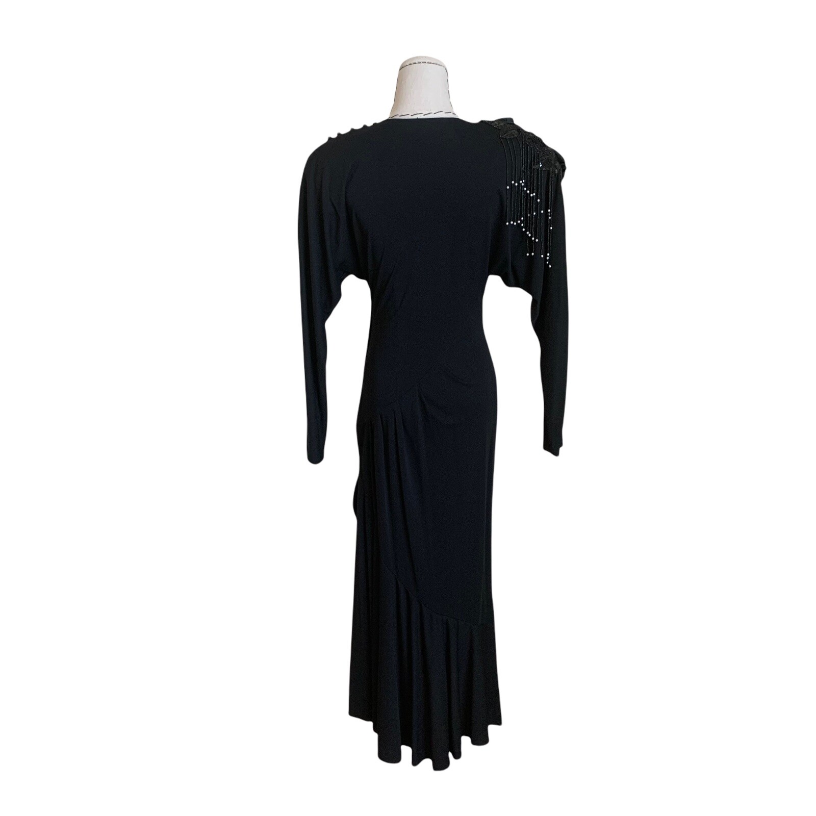 Vintage 80s Casadei Glam Beaded Evening Dress Draped Deco 20s Big Shoulders S