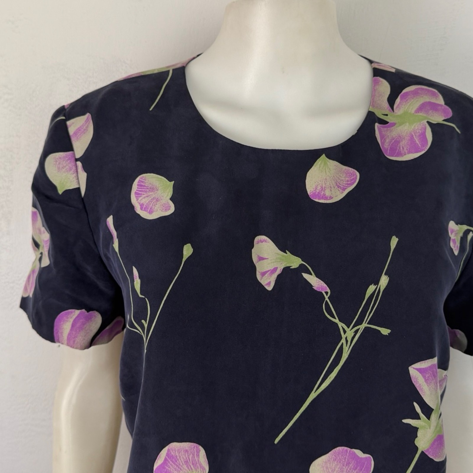 Vintage Iris Print Silk Dress Size Medium 90s Dark Blue/Purple Floral Garden