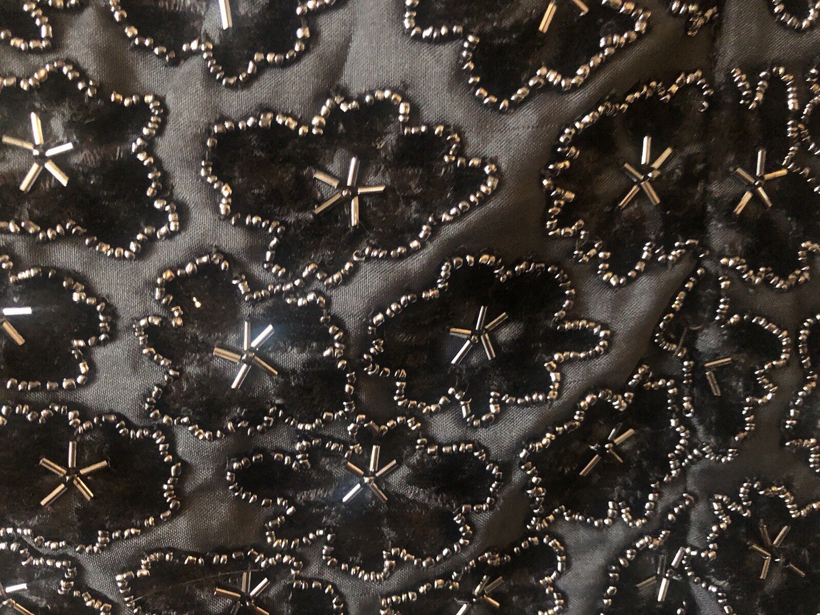 Vintage STENAY Sequin & Beaded Black Silk TOP, Sleeveless, Velvet Flowers, Sz 10