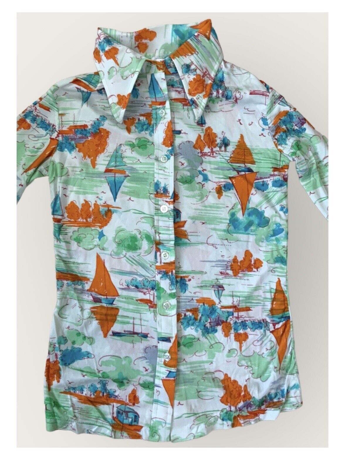Vtg 1960-70s Nylon Long Sleeve Button Up Blouse W/Sailboats & Scenery – Small