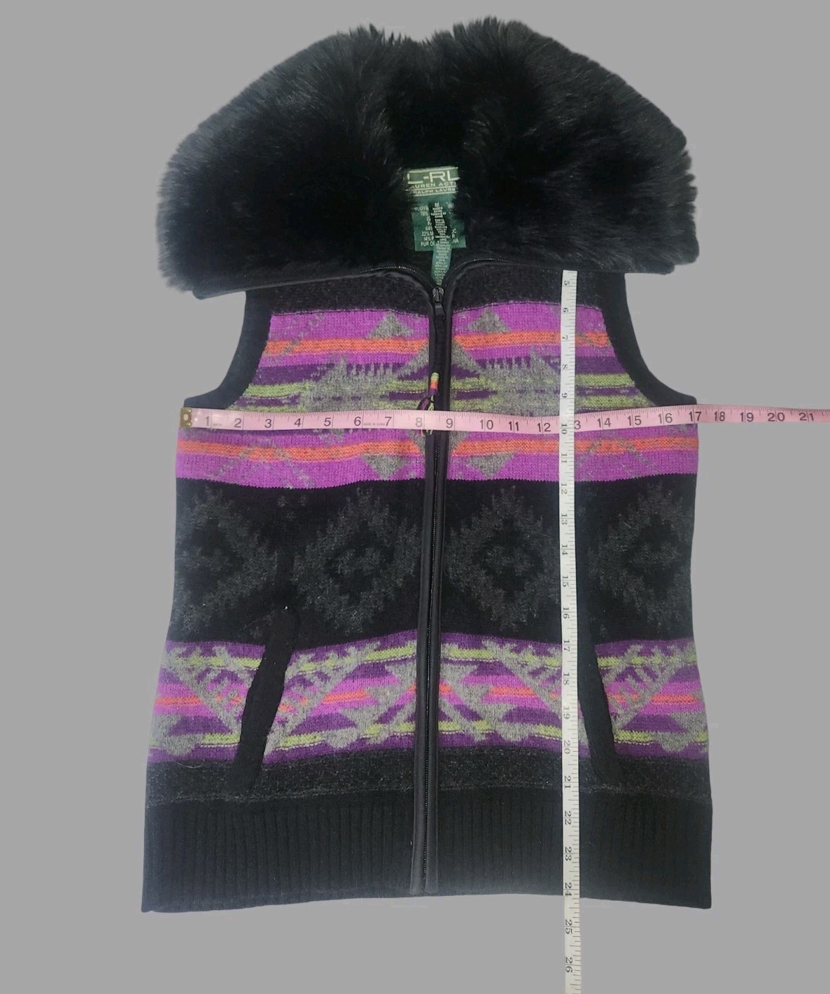 Vintage Ralph Lauren Active Medium Southwest Fair Isle Lambswool Faux Fur Vest