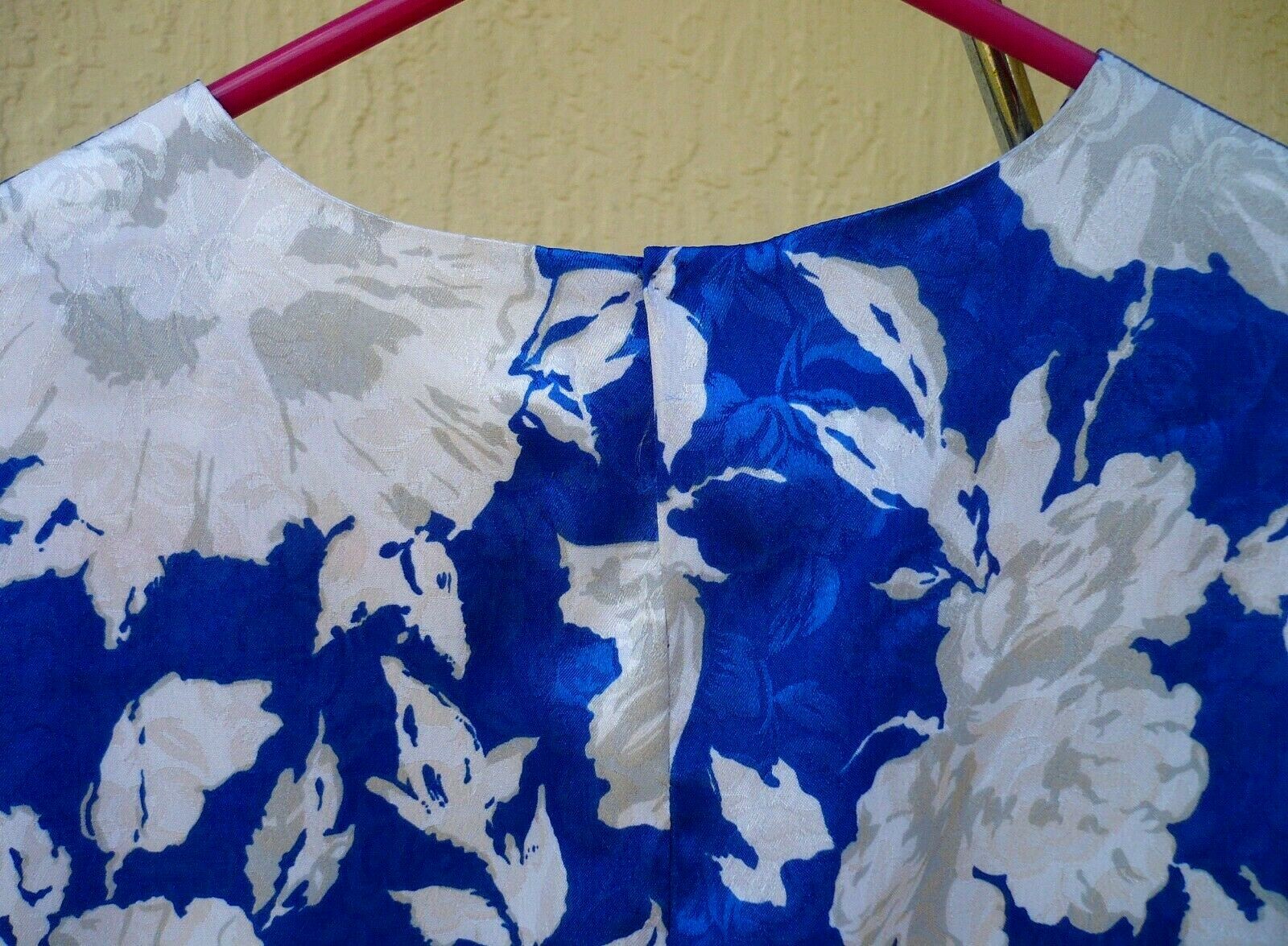 VTG 80S SECRETARY SATIN S M BELTED ROYAL BLUE WHITE FLORAL PLEAT TOP DRESS WOMEN