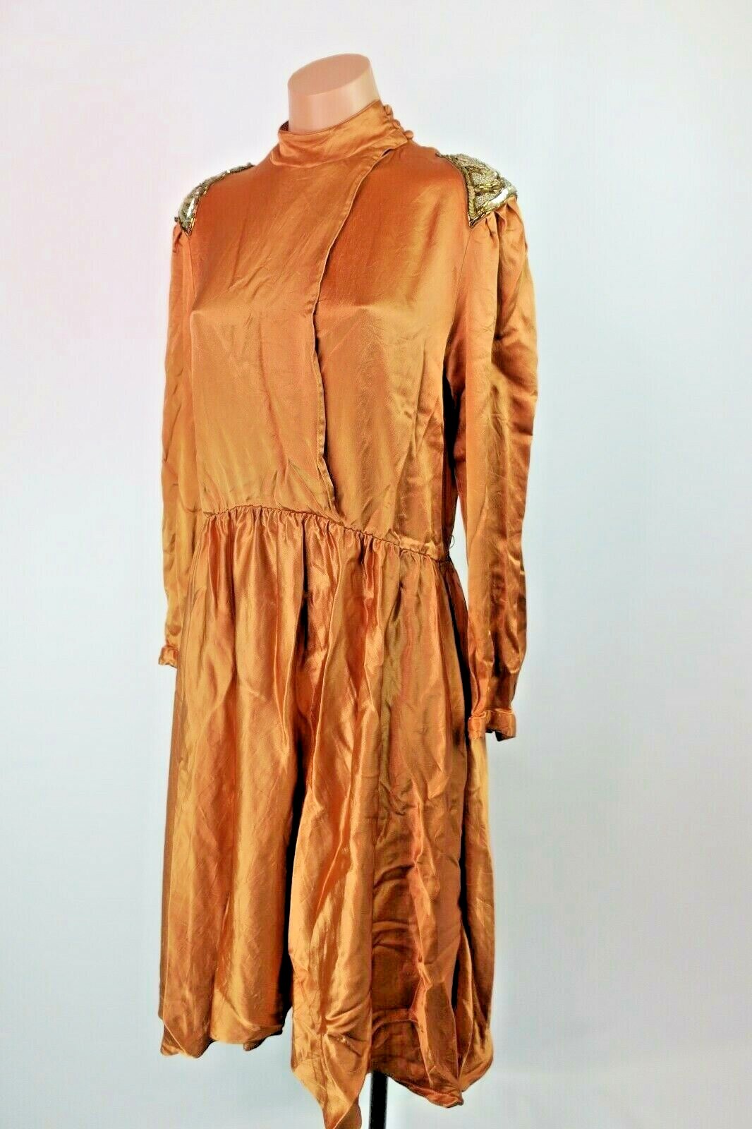VTG 80s Bronze Gold Metallic House Dress Jonathan Hitchcock Sequin Fit Flare M/L