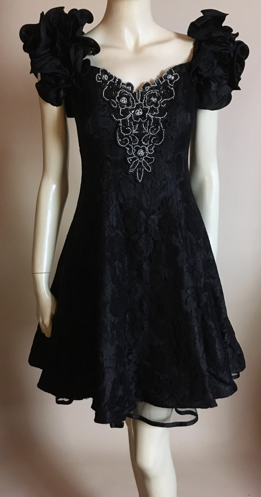 1980s 90sTrue Vintage Black Lace Ruffle Shoulder Beaded Party Prom Dress S 3-4