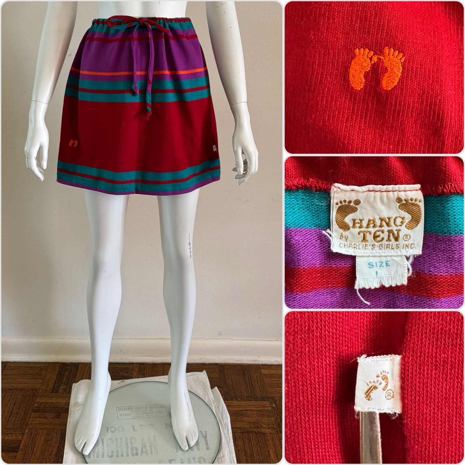 70s Hang Ten Charlies Girls Striped Skirt Tie Waist Mod Surf Swim Skate VTG