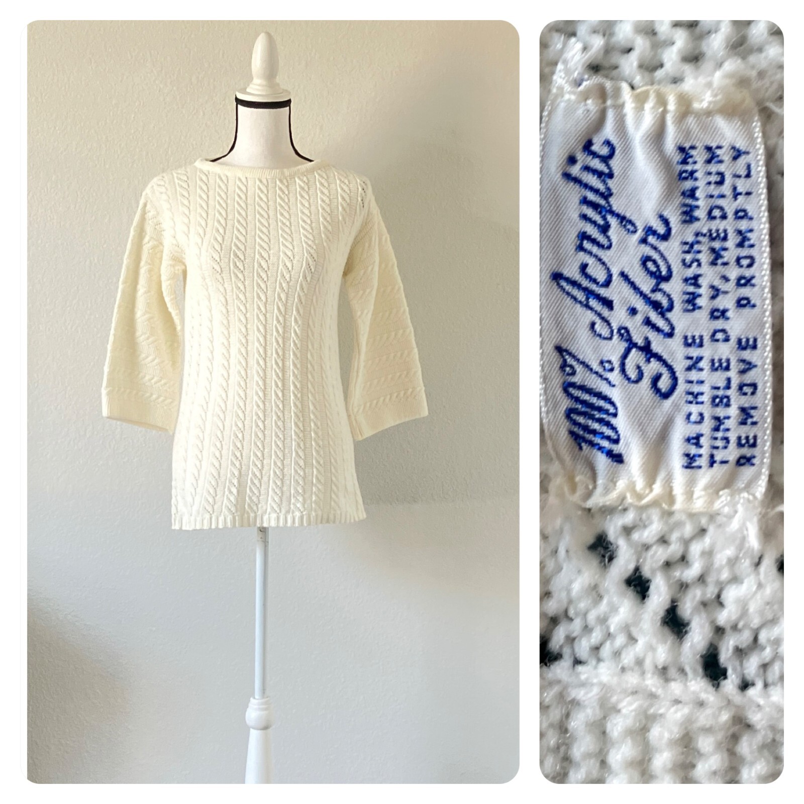 1960s Cable Knit Pullover Sweater, Vintage Ivory Tunic Length Sweaterv,Mod Style