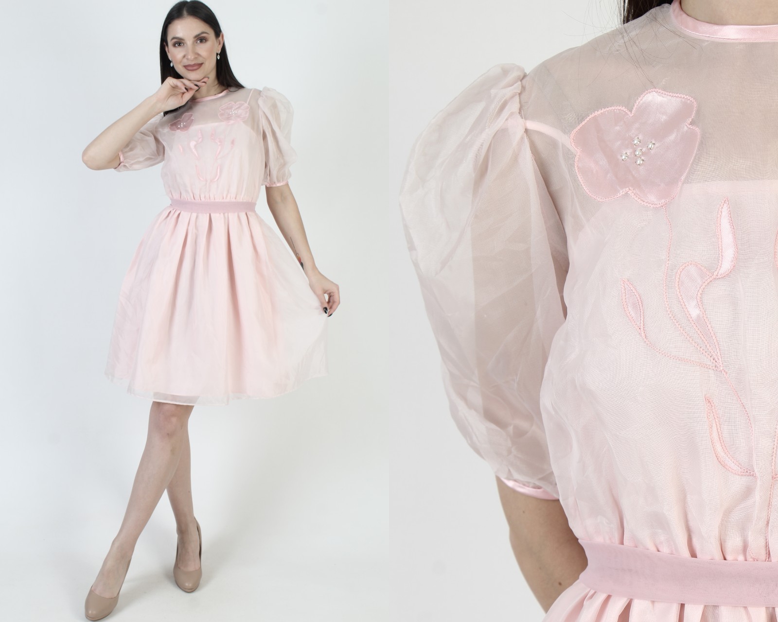 Vtg Pink Cocktail Party Dress Romantic Knee Length Tea 80s Barbiecore Mini