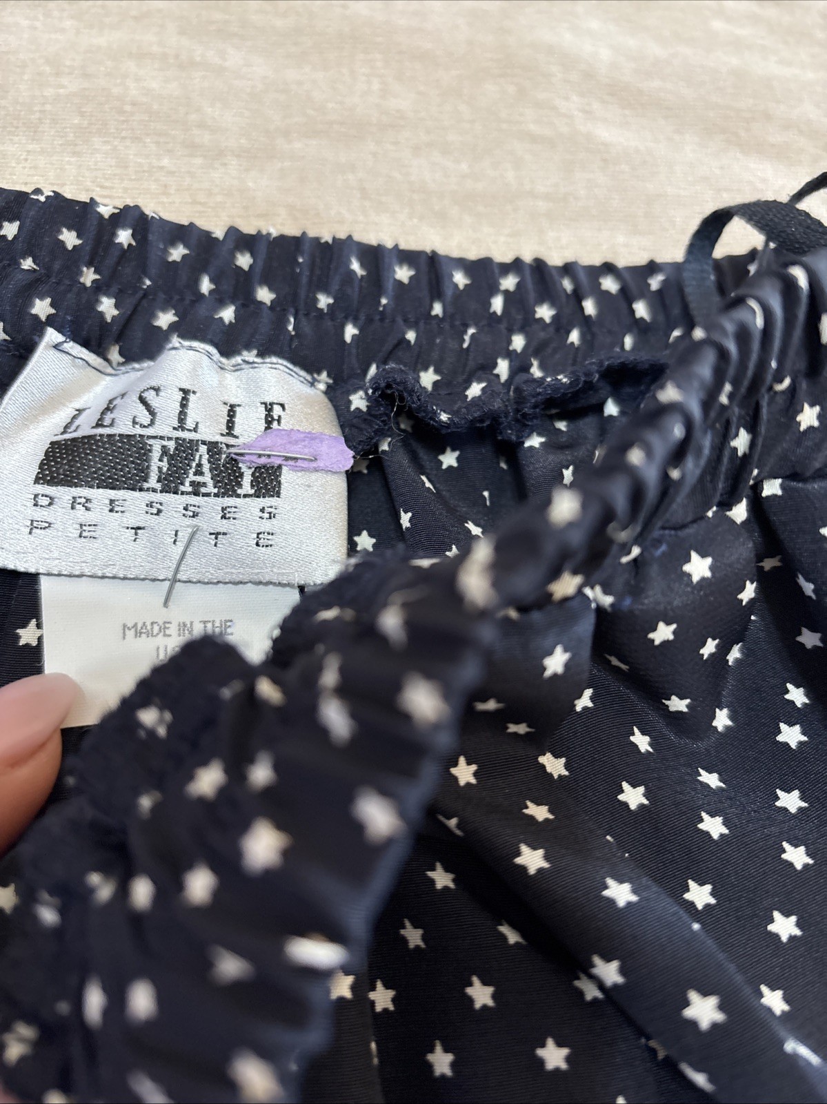 Leslie Fay Vintage 2- Piece Blouse Skirt Set Size 12P Stars Pleated Navy Blue