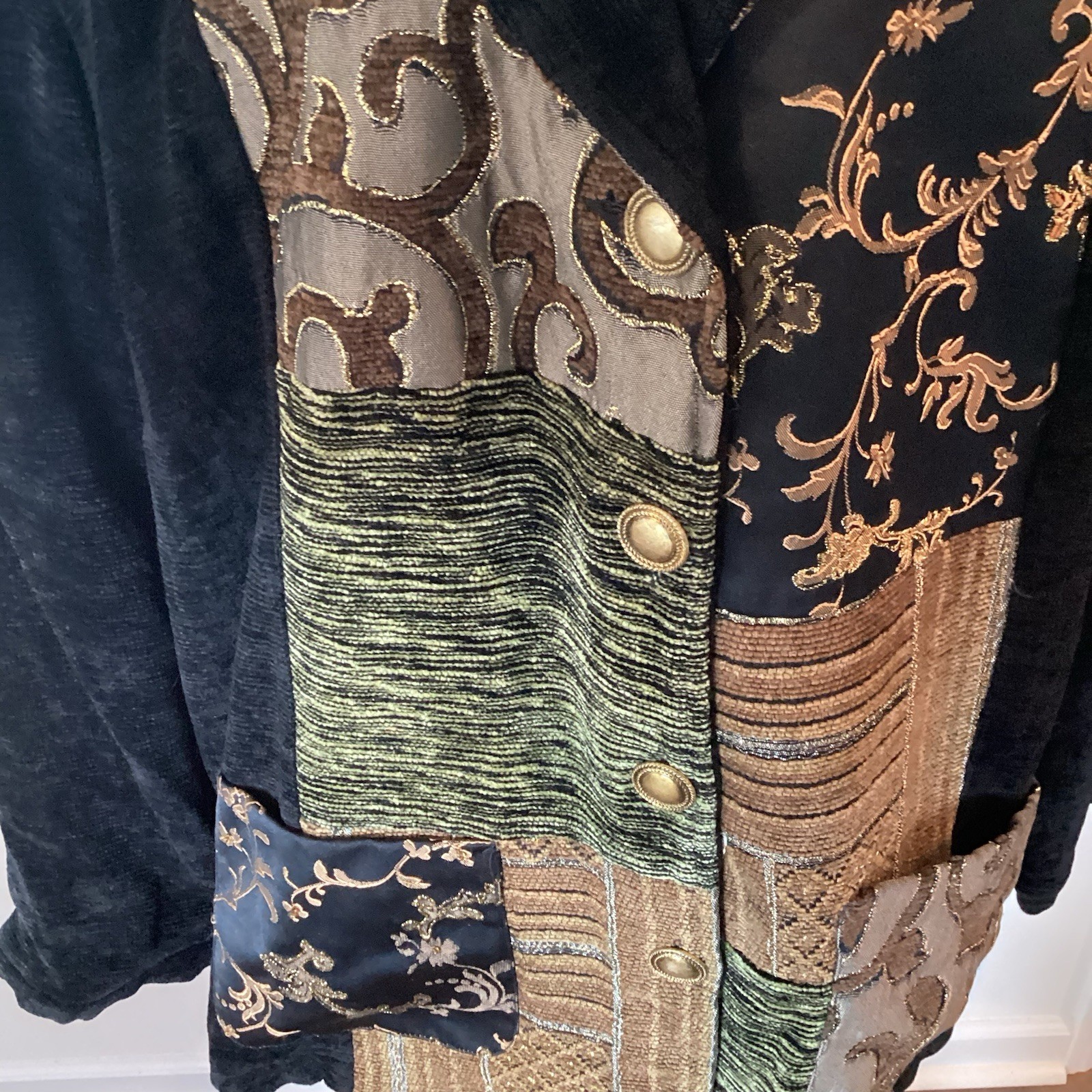 Vtg Maggie Barnes Jacket Retro Patchwork Boho Embroidered Chenille 3X Black Gold