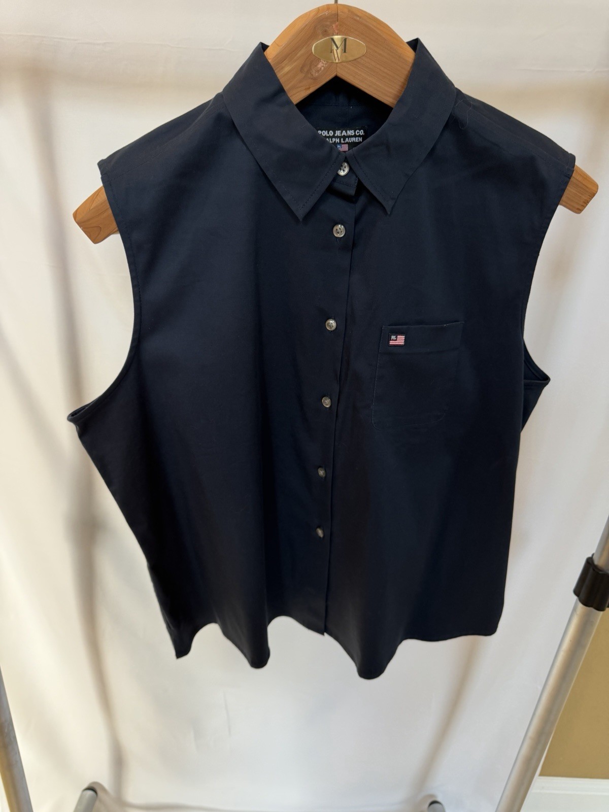 Ralph Lauren Vintage Classic Navy Blue Collared Sleeveless Button Closure Shirt