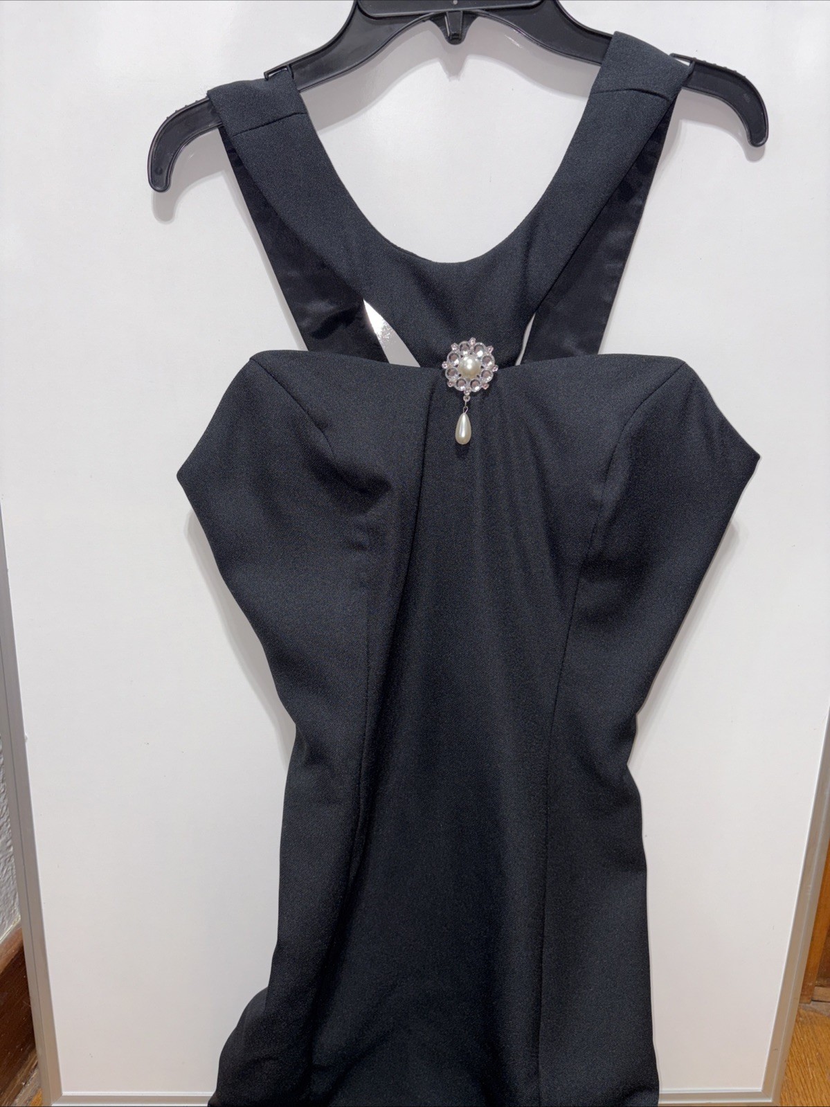 90s Vintage LA Glo Gown Prom Party Cocktail Black Pencil Cut Rhinestone Brooch ￼