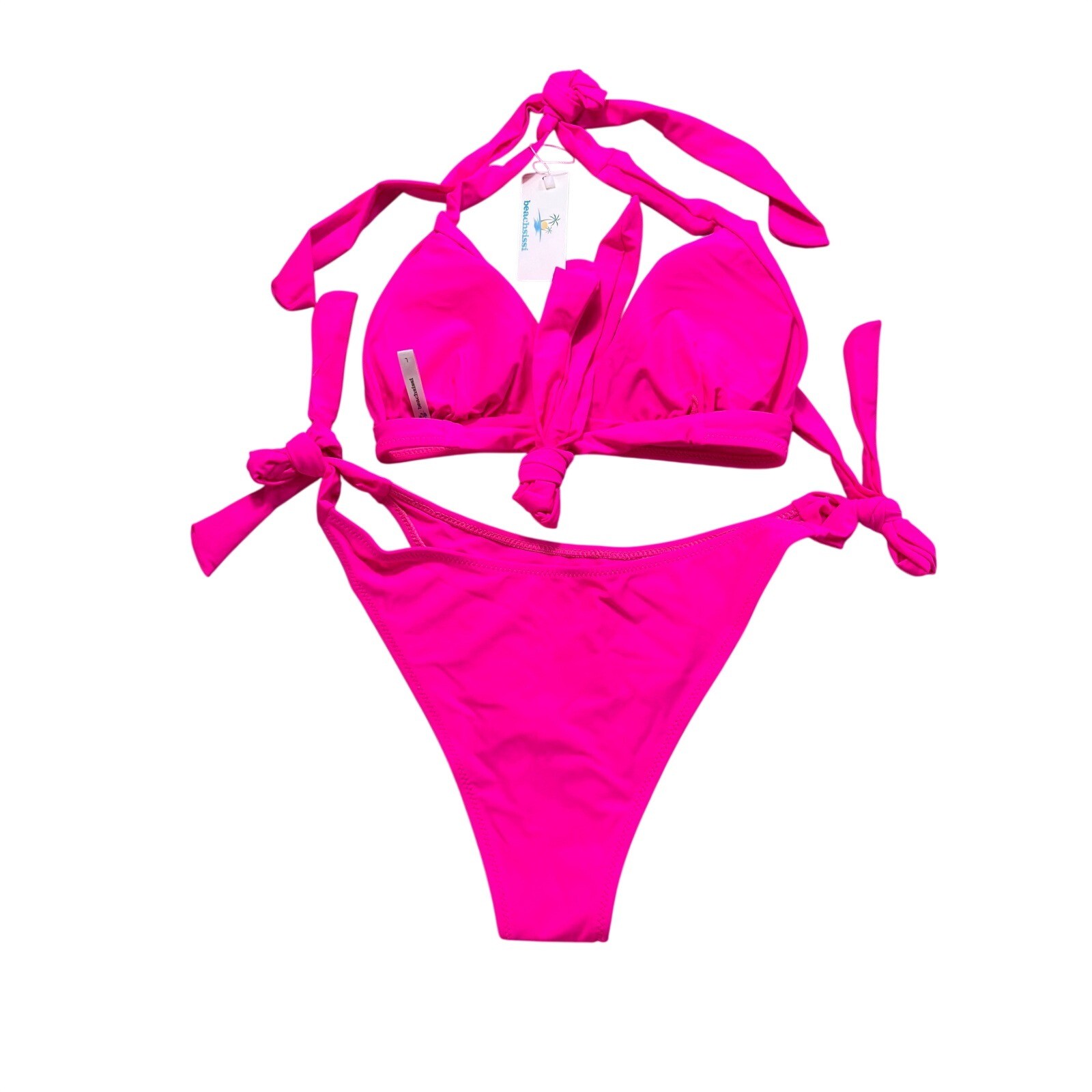 NWT Beachsissi Neon Pink Triangle Bikini Set Tie Side Halter Swimsuit Size Large