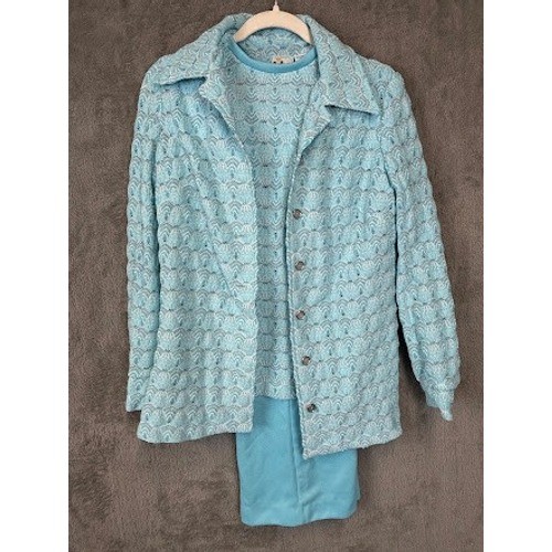 Vintage Marty Gutmacher 70s 3 Piece Set Blue Lace Knit Jacket Shell Pants Suit