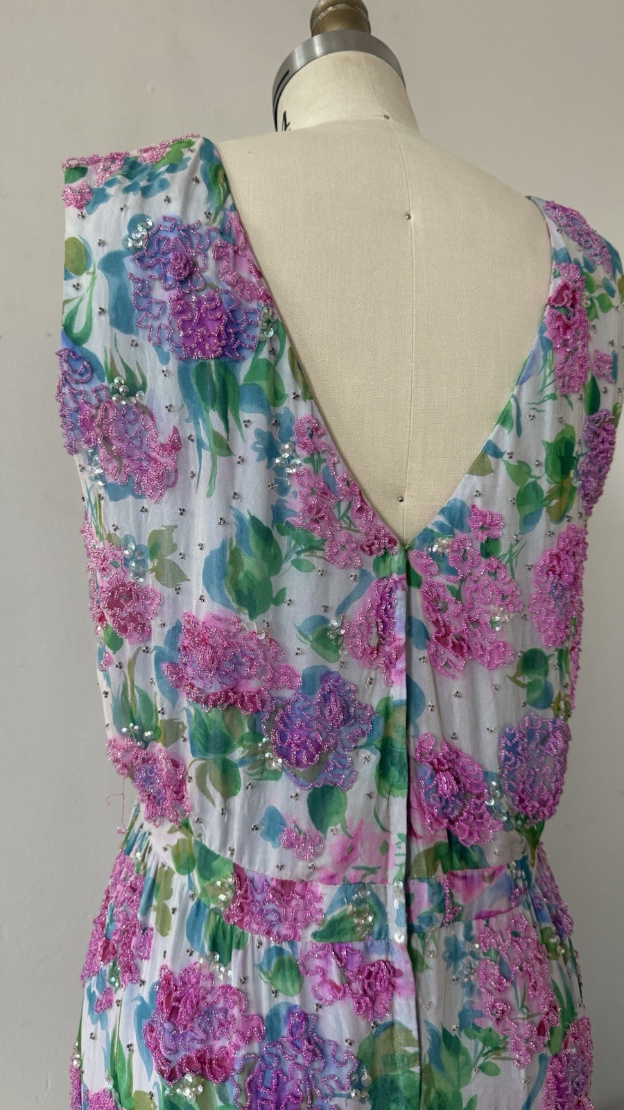 Vintage 1950s 60s Rare Designer Sara Fredericks Hand Beaded Chiffon Evening Gown